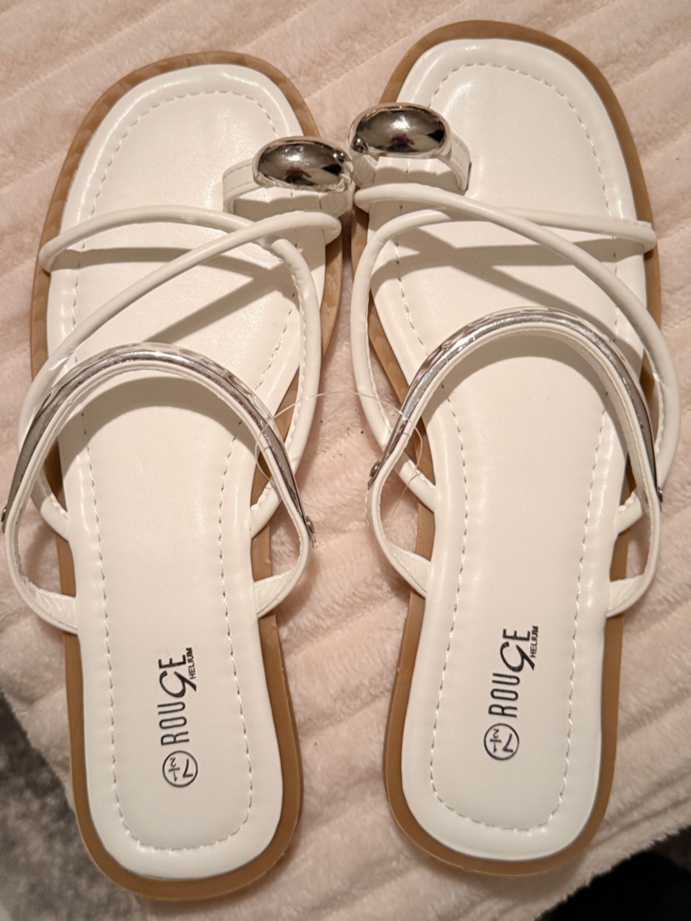 Rouge Helium White Strappy Sandals with Silver Trim